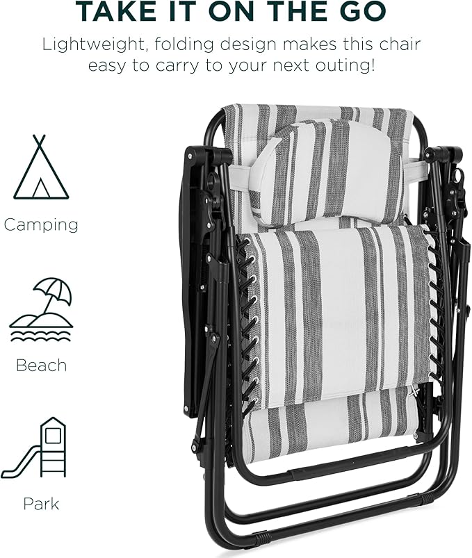 Best Choice Products Oversized Zero Gravity Chair, Folding Outdoor Patio Lounge Recliner w/Cup Holder Accessory Tray, Pillow - Gray Stripes