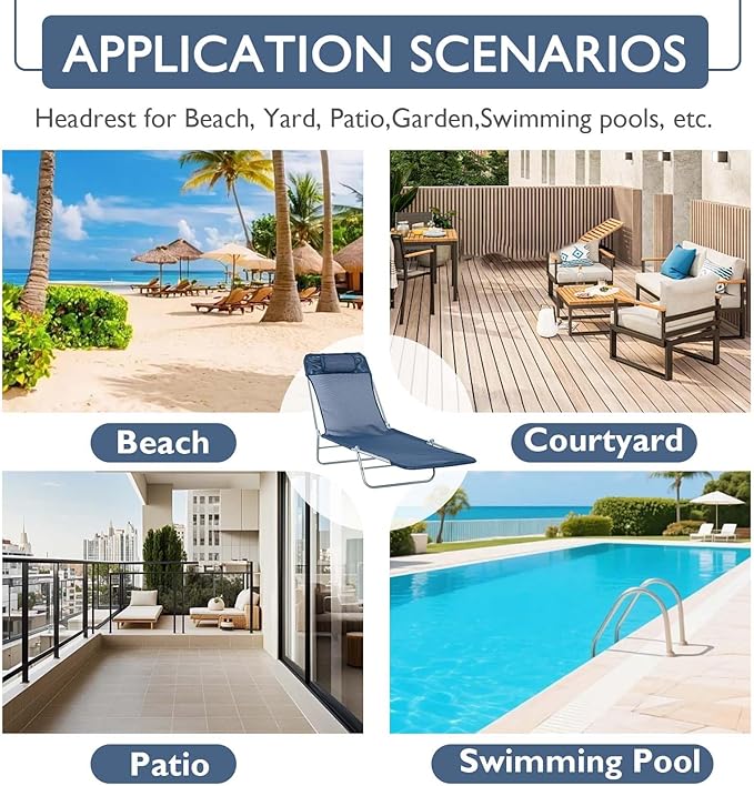 Folding Chaise Lounge Pool Chair, Patio Sun Tanning Chair, Outdoor Lounge Chair with 6-Position Reclining Back, Breathable Mesh Seat, and Headrest for Beach, Yard, Patio(Blue1)