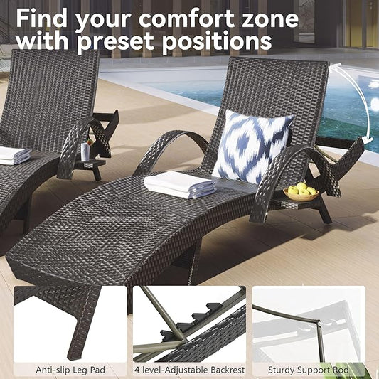 80.3” Outdoor Chaise Lounge, Pool Lounge Chairs Set of 2, Brown Wicker Recliner Chair with Pull-Out Side Table, Adjust Back Patio Sunbathing Lounge Chairs for Outside, Garden, Deck, Backyard