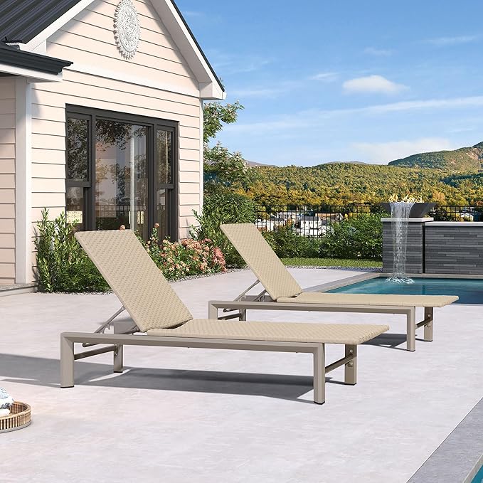 PURPLE LEAF Oversize Patio Wicker Chaise Lounge 2 Piece, Aluminum Outdoor Pool Lounge Chair with Adjustment Backrest, Breathable Lounger Sunbath Tanning Recliner for Poolside, Garden, Khaki