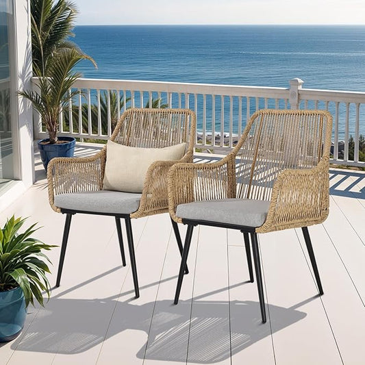 Patio Dining Chairs, Outdoor Dining Chairs with Armrest and Cushion Set of 6, Woven Twisted Wicker Rattan Chair, Modern Indoor Outdoor Seating for Garden, Lawn, Backyard, Natural