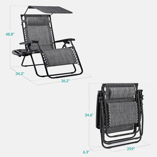 Best Choice Products 30” Wide Folding Zero Gravity Outdoor Recliner Patio Lounge Chair w/Adjustable Canopy Shade, Headrest, Side Accessory Tray - Gray