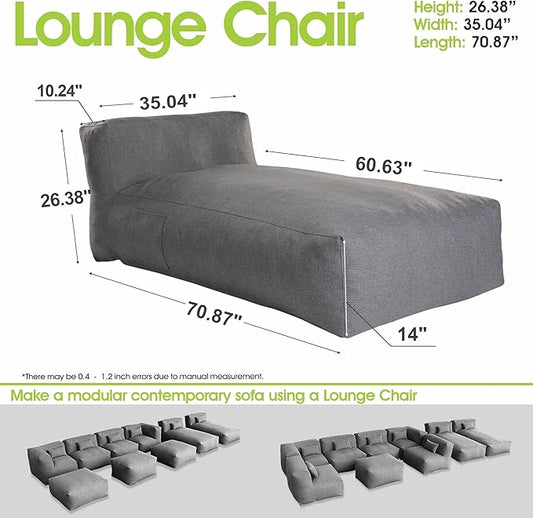 Dineli Chaise Lounge Chair Outdoor Bed Lounger Outdoor Couch Sofa for Pool Comfy Patio Furniture Foam Filling Bean Bed Chair Lazy Sofa for Outside, Water-Resistant Sunbed (Charcoal Gray, 70'' Length)