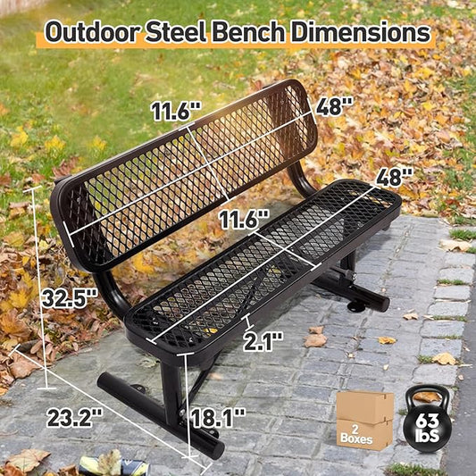Thermoplastic Coated Iron Park Bench for Outside, Heavy Duty Metal Garden Bench, Expanded Commercial Grade Seating for Shopping Malls, Lawn Yard Porch Entryway (Black with Backrest, 48IN)