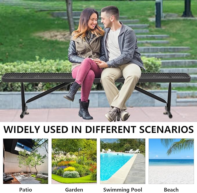 8FT Outdoor Bench, Metal Park Bench for Sitting Area Convert a Bench Heavy-Duty School Benches Commercial Rectangular Bench for Patio Porch Backyard Sports Church Locker Room Shopping Centers