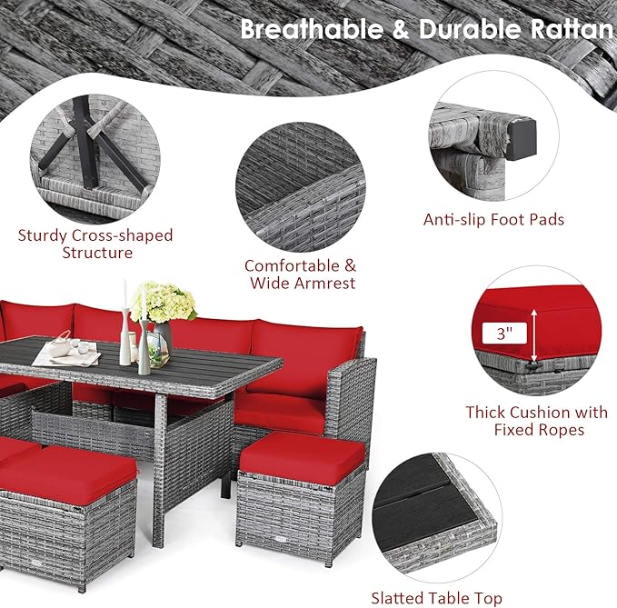 COSTWAY 7 PCS Wicker Outdoor Conversation Set, Patio Sectional Furniture Sofa Set with Table & Seat Cushions, Rattan Furniture Sets for Backyard Garden Poolside Porch, Red
