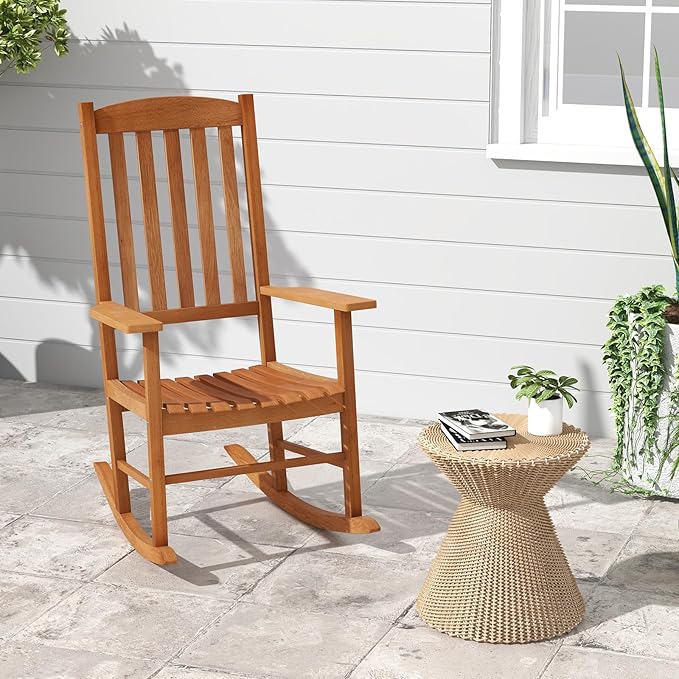 Tangkula Patio Rocking Chair with 400 lbs Weight Capacity, Eucalyptus Wood Porch Rocker with High Back, Patio Rocker Chair for Indoor and Outdoor Use (2)