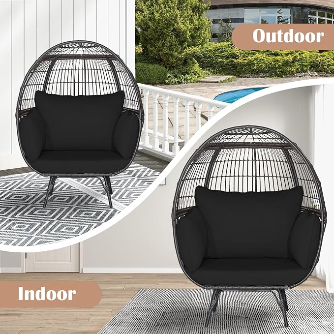 Giantex Oversized Wicker Egg Chair, Outdoor & Indoor Hammock Chair with Thick Cushions, 2-Person PE Rattan Lounge Chair Swing Chair for Patio, Backyard,Porch, 450 LBS Weight Capacity (Black)