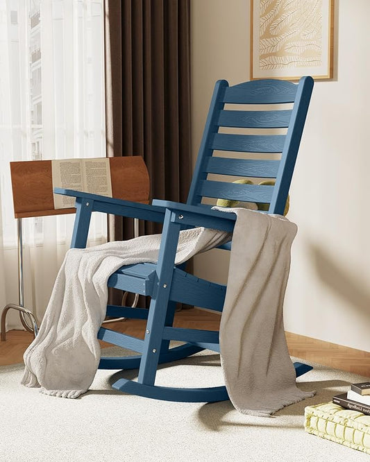 YEFU Outdoor Rocking Chair Set of 4,Poly Porch Rocker with Curved Backrest,All Weather Patio Rocking Chair,Like Real Wood,for Indoor,Lawn, Backyard,Garden,Heavy Duty,Weight Capacity 380lbs(Navy Blue)