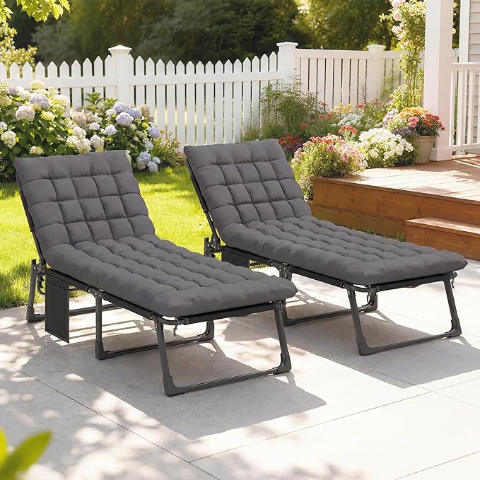 Outsunny Chaise Lounge Chair Outdoor Set of 2, 5-Position Reclining Pool Lounge Chairs with Cushions, Side Pocket, Headrest, Folding Lounger Tanning Chair Camping Cot for Patio, Beach, Dark Gray