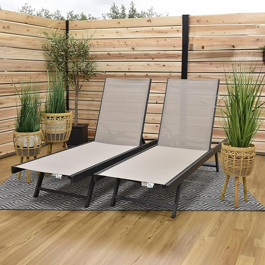 Vivere Set of 2 Aluminum Outdoor Chaise Lounge Chairs, Urban Sun Adjustable Reclining Patio Loungers, Lay Flat Tanning Chairs with Sling Seat, Cocoa