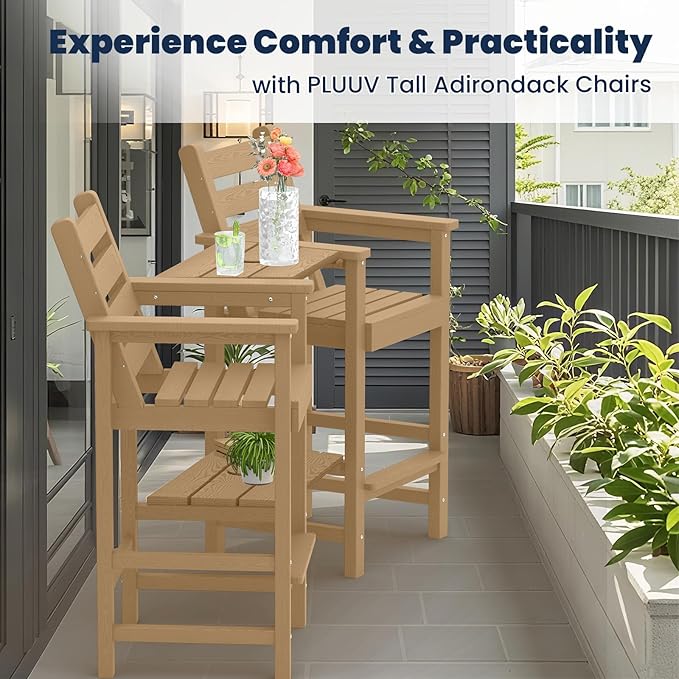 PLUUV Tall Adirondack Chairs Set of 2, All Weather HDPE Poly Bar Height Balcony Adirondack Chair with Removable Double Connecting Trays, Outdoor Adirondack Barstools for Deck, Patio, Yard, Pool, Lawn