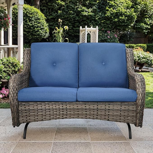 Patio Loveseat Wicker Loveseat Rattan Glider Sofa with Curved Armrest Thicking Back & Seat Cushions for Garden Balcony Backyard Grey Wicker|Blue Cushions (A) Patio Loveseat Glider