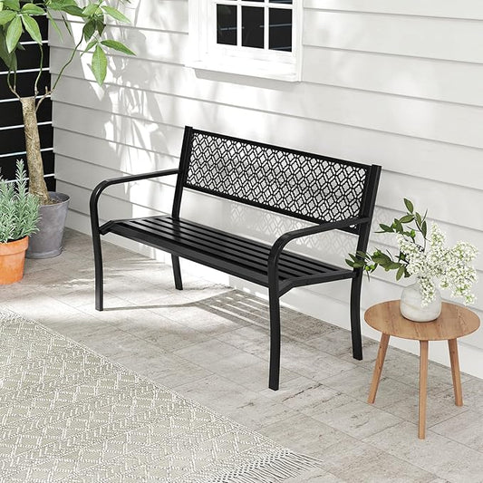 Tangkula 50 Inches Outdoor Garden Bench, Metal Patio Park Bench with Geometric Lattice Backrest, Armrests and Slatted Seat, Outdoor Loveseat Chair for Porch, Lawn and Yard (Black)
