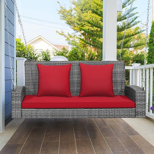 RELAX4LIFE 2-Person Porch Swing Bench - PE Rattan Outdoor Swing Chair with Comfortable Seat & Back Cushions, Rustproof Metal Chains, Patio Loveseat Swing for Balcony, Garden, Yard, 800 LBS (Red)