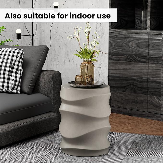 SUNBURY Outdoor Side Table Set of 2, 18" H Concrete Accent End Table Streamlined, Small Round Cement Plant Stands Table, Decorative Garden Stools for Backyard, Grey