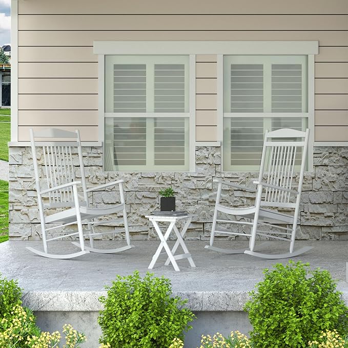 MUPATER Outdoor Rocking Chair Sets 3-Piece, Bistro Table and Chairs Set of 2,Patio Wooden Rocker Bistro Set with Foldable Table and Curved Seat, White