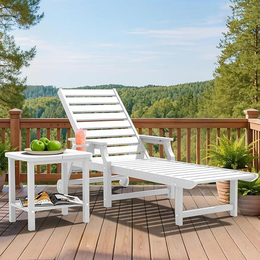 5-Position Adjustable Patio Chaise Lounge - 78'' HDPE Outdoor Lounger with Rolling Wheels & Cup Holder, Longer, Wider, Higher - Perfect for Poolside & Deck, White
