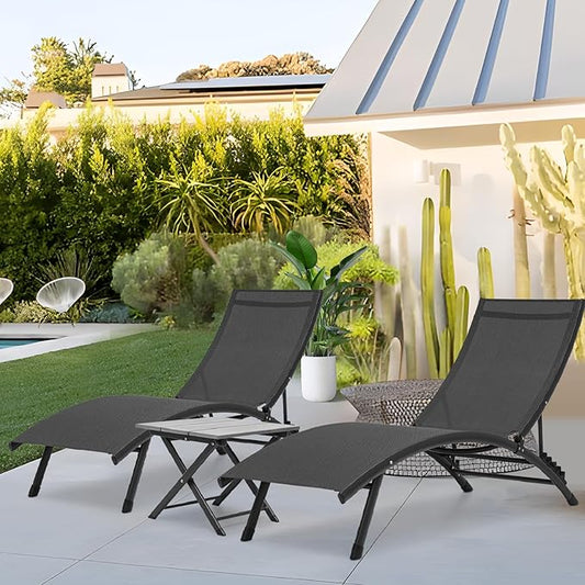 Athena Collection Outdoor Chaise Lounge Set, Aluminum Frame Pool Lounge Chairs with 5-Level Adjustable Backrest and Folding Side Table, Breathable Sun Lounger for Poolside Patio Outdoor, Black