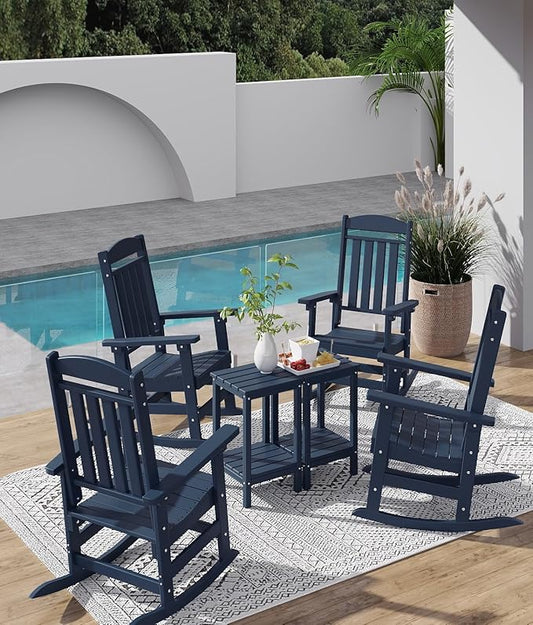 FOOWIN Outdoor Rocking Chair Set of 2, High Back Patio Rocking Chair, HDPE All Weather Resistant Porch Rocker for Adult, Oversized Rocking Chairs for Garden, Lawn, Indoor & Outdoor Use, Navy Blue