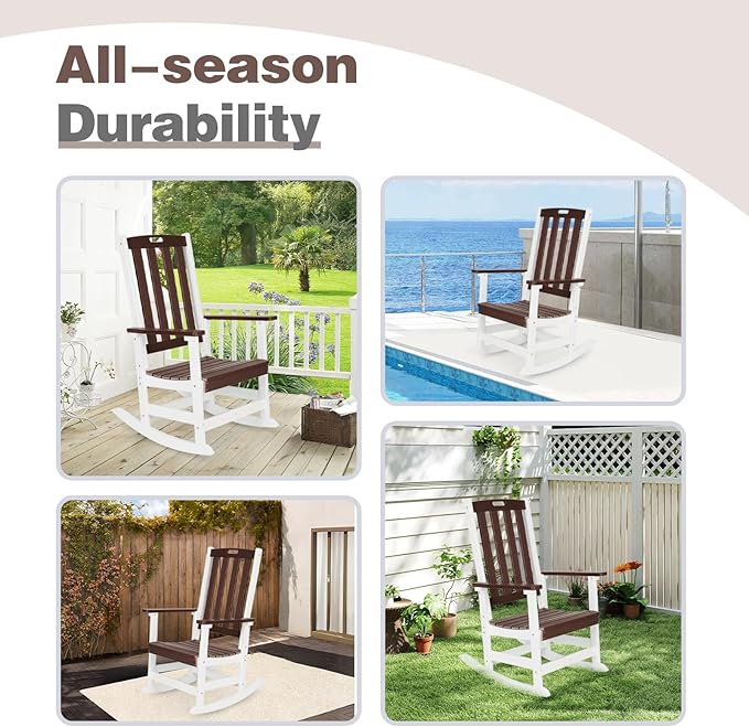 Aoodor Outdoor Rocking Chair, Ergonomic HDPE Rockers with All-Weather Design for Patio or Porch, Clashing Colors, Brown and White,Set of 4