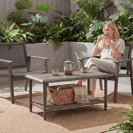 Outdoor Coffee Table Rectangular, Metal&Wicker Patio Table for Outside, Outdoor PE Wicker Coffee Table, All-Weather Coffee Side Table with Storage, Patio Furniture for Patio Balcony Porch (Brown)