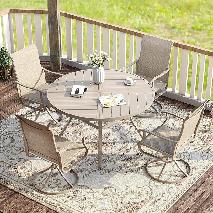 VICLLAX 40.6" Round Patio Table with Umbrella Hole, All Weather Metal Outdoor Dining Table for 4, Outside Table with Storage Shelf for Lawn Garden, Sandshell Color