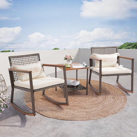 Verano Garden 3 Pieces Rocking Bistro Set, Outdoor Conversation Bistro Chairs and Table Set with Wood Armrest and Soft Cushions, Small Porch Set Balcony Set for Garden, Patio, Yard