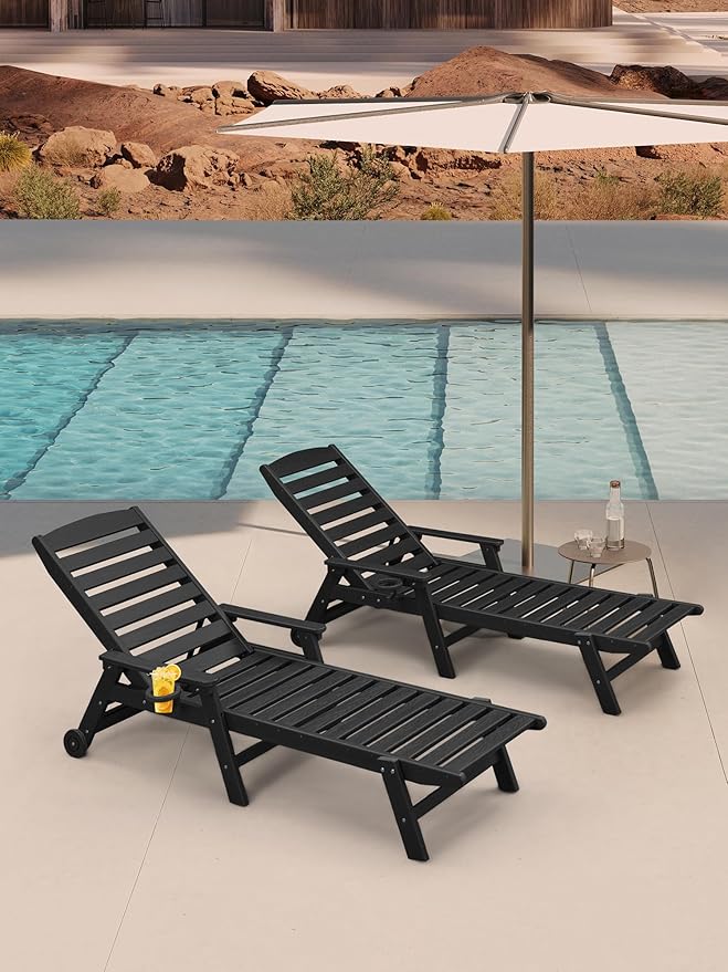 HDPE Patio Lounge Chair Set of 2, 78.4'' Outdoor Poly Lounge Chairs, 5-Position Adjustable Outdoor Lounger with Wheels & Cup Holder, HDPE Patio Chaise Lounges for Deck, Beach, Obsidian