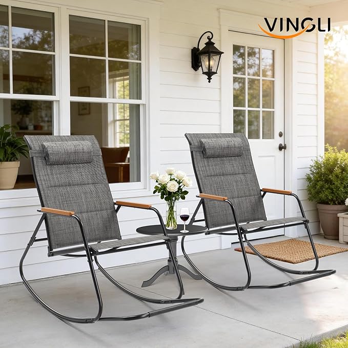 VINGLI Outdoor Rocking Chair, 450lbs Capacity Portable Outdoor Rocker with Footrest, Hard Armrests, Pillow, All Weather Porch Rocker for Garden, Living Room, Patio, Lawn (Black&Gray, with footrest)