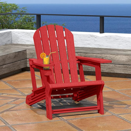 Costaelm Tool-Free Assembly Outdoor Patio HDPE Plastic Adirondack Chair with Cup Holder, Red