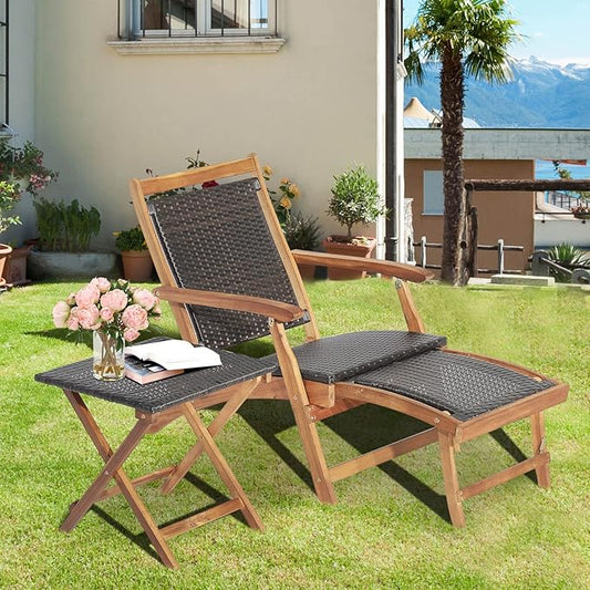 Tangkula Patio Lounge Chair and Side Table Set, Acacia Wood Wicker Folding Table and Armrest Chair with Retractable Ottoman, Outdoor Chaise Lounger for Garden, Backyard, Poolside, Balcony