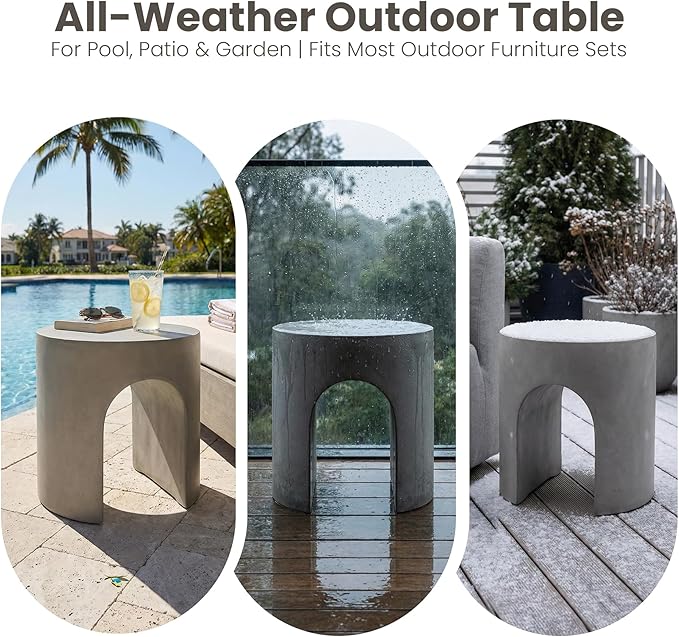 COSIEST Grey Outdoor Side Table, 15.7" Modern Concrete End Table with Arched Open for Patio, Small Round Outside Accent Table & Plant Stand for Garden, Porch, Deck, Balcony