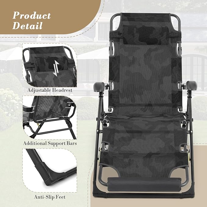 Athena Collection Zero Gravity Outdoor Lounge Chair Recliner Set of 2, 27" Width Reclining Pool Lounge Lawn Chairs with Headrest, Outdoor Chaise for Beach Patio Backyard Outside, Camouflage