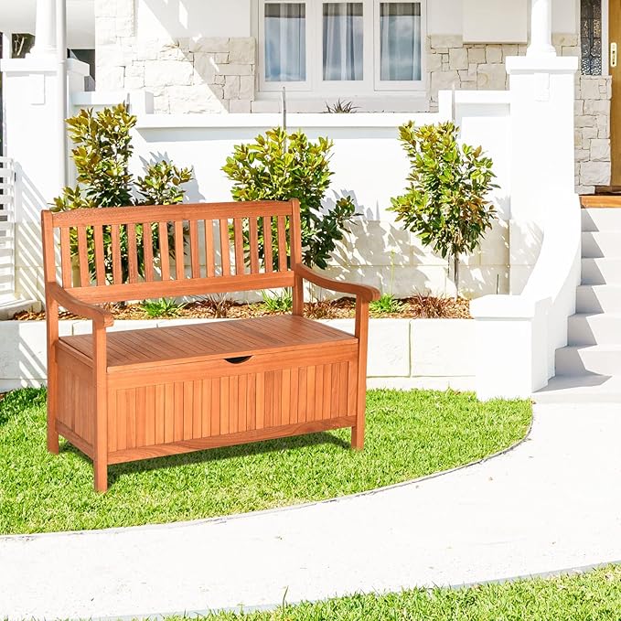 LDAILY 33 Gal Outdoor Storage Bench, Eucalyptus Multi-Functional Deck Box with 800 lbs Heavy Duty Capacity, Removable Liner, Patio Storage Bench for Garden, Poolside, Front Porch, Entryway