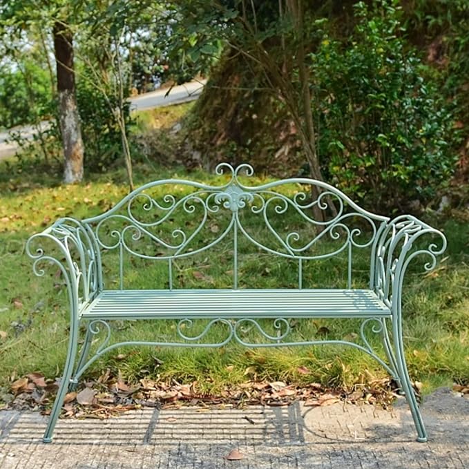 Outdoor Metal Garden Bench Chair Doubel Seat with Decorative Cast Iron Backrest, Balcony Park Bench, for Garden, Yard, Patio, Porch and Sunroom (Color : Green)