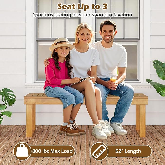 HAPPYGRILL Outdoor Acacia Wood Bench for 3-Person Patio Backless Farmhouse Bench with Slatted Seat, 800 LBS Heavy Duty Dining Bench for Entryway Porch Dining Room (1)