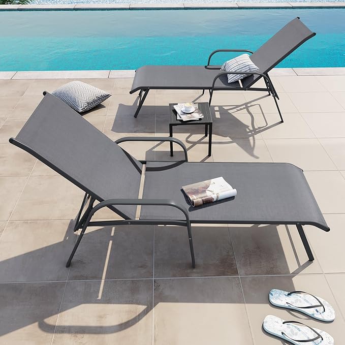Crestlive Products Chaise Lounge Chair Outdoor with Armrests, Pool Lounge Chairs Set of 2, Aluminum Adjustable 5 Positions Sun Tanning Lounger for Patio, Poolside, Yard, Deck, Backyard (Grey)