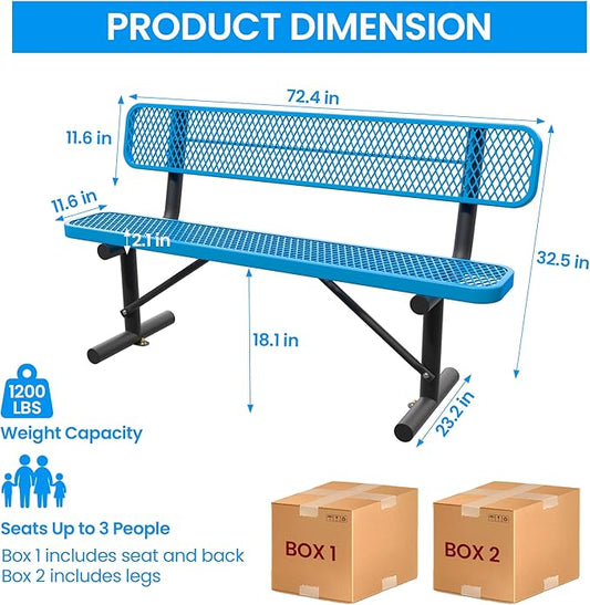 6 FT Steel Park Bench for Outside, Outdoor Bench with Backrest & Portable Frame, Thermoplastic Coating, Commercial Benches for Shopping Mall, Store, Park, Patio, Deck, Blue