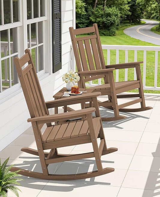 KINGYES Oversized Outdoor Rocking Chair Set of 4, All-Weather Patio Rocking Chairs for Porch, HDPE Outdoor Patio Rockers with High Back & Wide Seat for Garden, Lawn, Brown