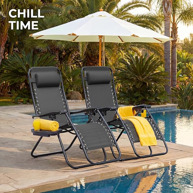 Greesum Zero Gravity Chairs Set of 2 Adjustable Steel Mesh Recliners Beach Deck Lawn Camping Patio Foldable Lounge Chair with Cup Holder Trays and Pillows,Black