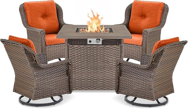 Outdoor Patio Swivel Gliders with Fire Pit Table 5 Piece Set - High Back Brown Wicker Rattan Rocking Chair with Thick - Photo 1