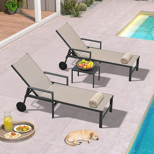 PURPLE LEAF Outdoor Chaise Lounge 4 Pieces Aluminum Recliner Chair with Wheels and Armrests Loungers for Pool Backyard Deck Taupe Patio Lounge Chair