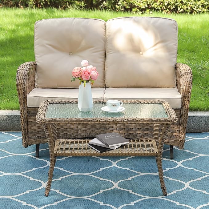 VIVIJASON Outdoor Wicker Coffee Table, All-Weather Rattan Patio Coffee Table with 2-Tier Storage, Tempered Glass Top Rectangle Center Table for Deck, Garden, Balcony, Porch, Indoor or Outdoor Use