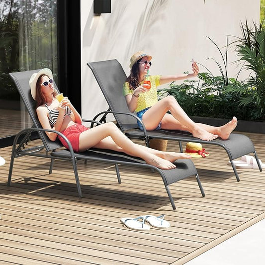COSTWAY Outdoor Lounge Chairs Set of 2, Patio Chaise Lounge Recliner with Heavy Duty Steel Frame, 5-Position Adjustable Backrest for Deck, Beach, Pool (2, Dark Grey)