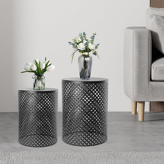 2PCS Outdoor Side Table, Heavy Duty Metal Frame Side Table Decorative Garden Stool Modern End Table Round Coffee Table for Patio Gardens Balconies Cafes (Black)