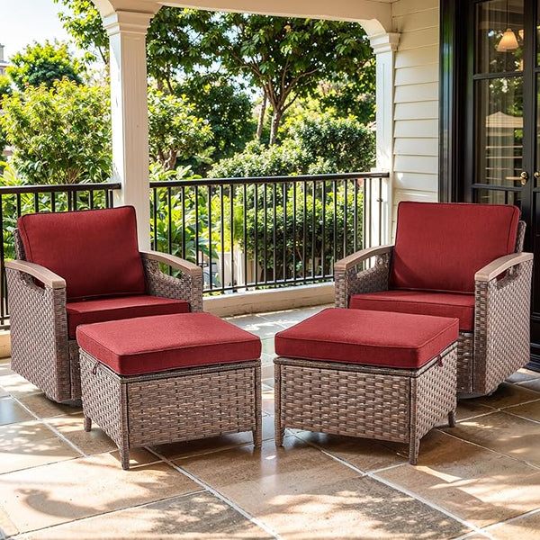 Luxury Outdoor Swivel Rocker Patio Chairs with 2 Ottomans - 4 Piece Heavy Duty Furniture Set All Weather Wicker - Photo 1