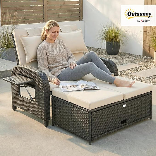 Outsunny Patio Rattan Daybed, Wicker Outdoor Daybed with Storage Ottoman, Loveseat Sofa with Adjustable Backrest, Side Tables, Cushions, Headrests, Double Sunbed Lounger for Balcony, Beige