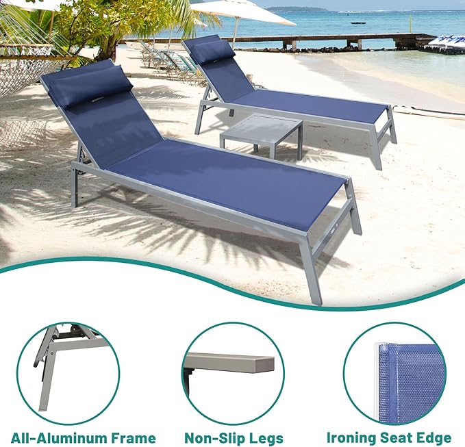 Domi Outdoor Lounge Chairs Set of 3, Upgraded Aluminum Chaise Lounge Chair W/ 5 Adjustable Positions, Patio Lounge Chair for Pool, Deck, Lawn, 2 Pool Chairs and 1 Side Table, Navy Blue