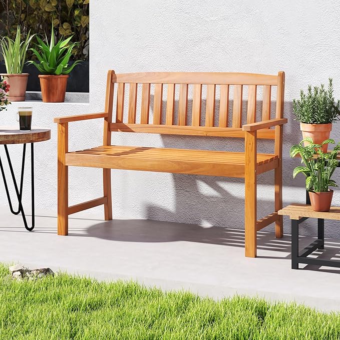 Giantex 2-Person Outdoor Bench, Acacia Wood Patio Bench w/Ergonomic Backrest, Comfortable Armrests & Curved Seat, Garden Bench for Backyard, Patio, Deck, Porch, 800 Lbs Weight Capacity, Natural